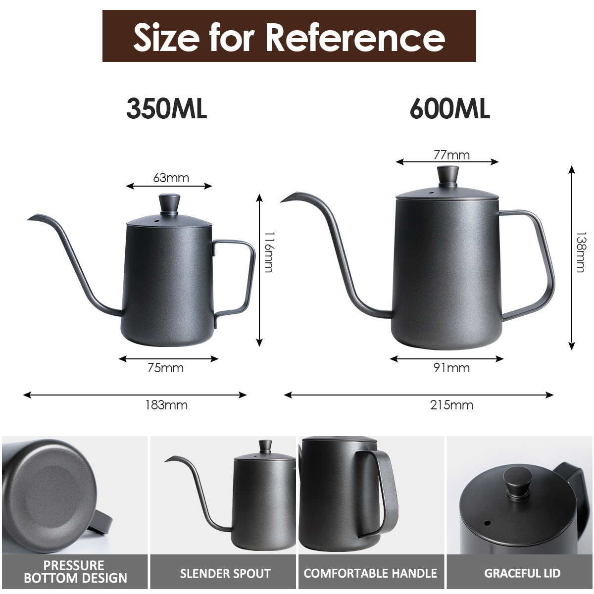 Factory Manufacturer Long Narrow Spout Black Matte Tea Pour Over Drip Kettle Hand Brew Gooseneck Stainless Steel Coffee Pot