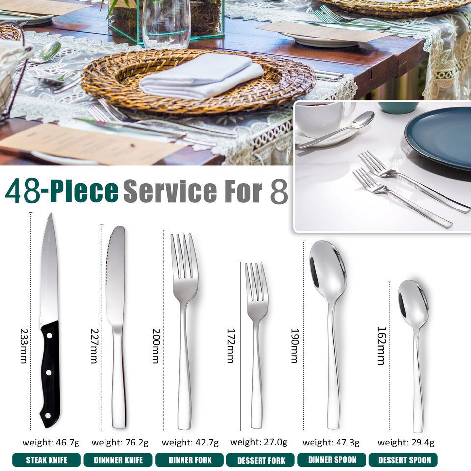 Wholesale 48 Pieces Restaurant Gold Silverware Set Flatware Forks Spoons Steak Knives Silver Bestek Stainless Steel Cutlery Set