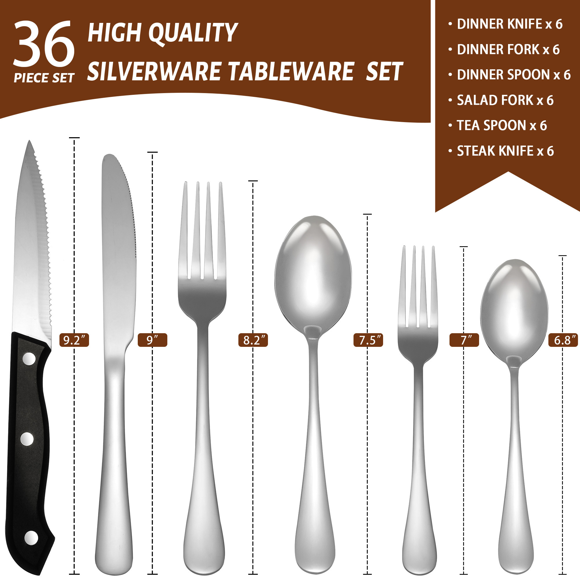 Modern Hotel Restaurant Bulk Knife Spoon Fork Metal Thick Cutlery Black Silverware Stainless Steel Silver Flatware Set