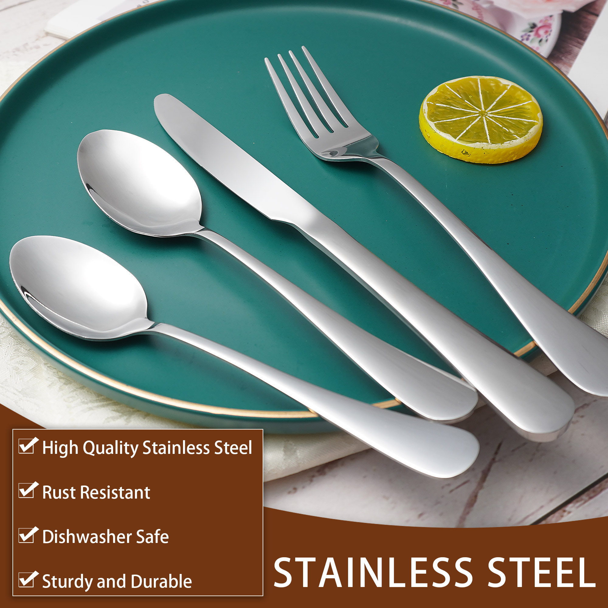 Modern Hotel Restaurant Bulk Knife Spoon Fork Metal Thick Cutlery Black Silverware Stainless Steel Silver Flatware Set