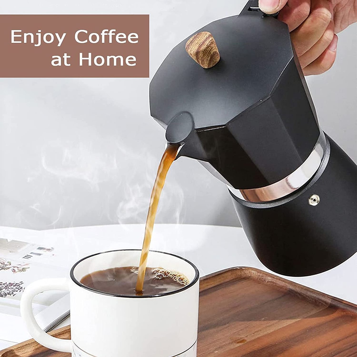 Classic Black Aluminum Italian Stovetop Espresso Maker With Wood Grain Handle Coffee Percolator Camping Moka Pot