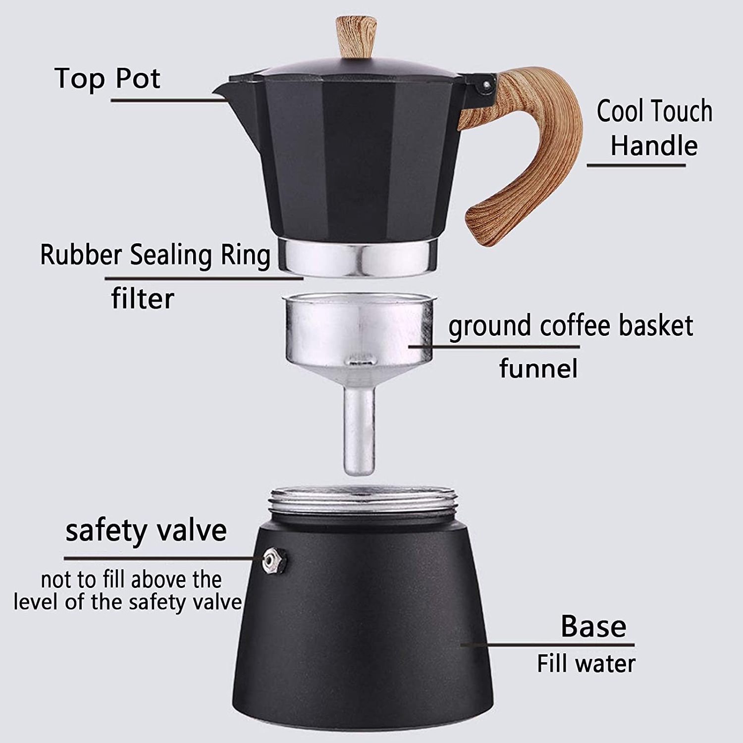 Classic Black Aluminum Italian Stovetop Espresso Maker With Wood Grain Handle Coffee Percolator Camping Moka Pot