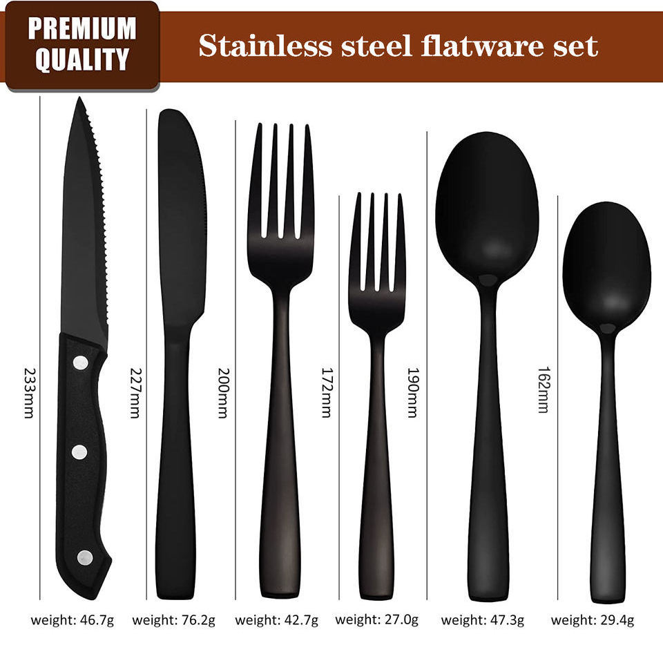 Hot Sell Polish Cutlery Set Stainless Steel Steak Knives Forks Spoons Restaurant Silverware Luxury Wedding Black Flatware Set