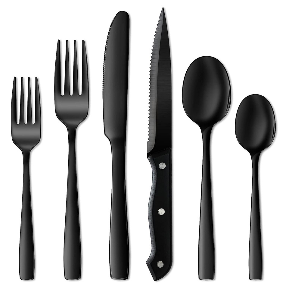 Hot Sell Polish Cutlery Set Stainless Steel Steak Knives Forks Spoons Restaurant Silverware Luxury Wedding Black Flatware Set