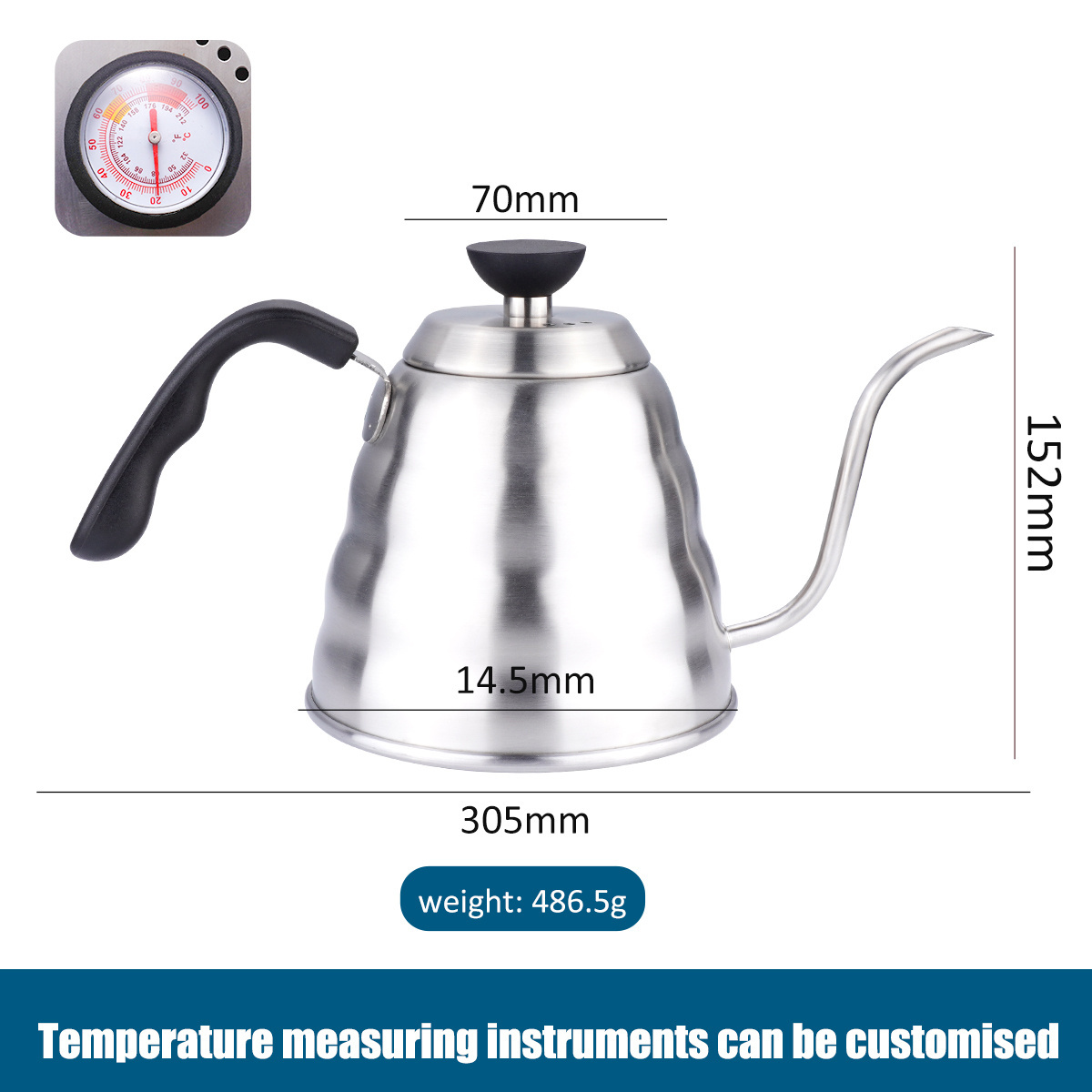 High Quality Silver Coffee Pot Stainless Steel Pour Over Coffee Drip Gooseneck Kettle With Thermometer