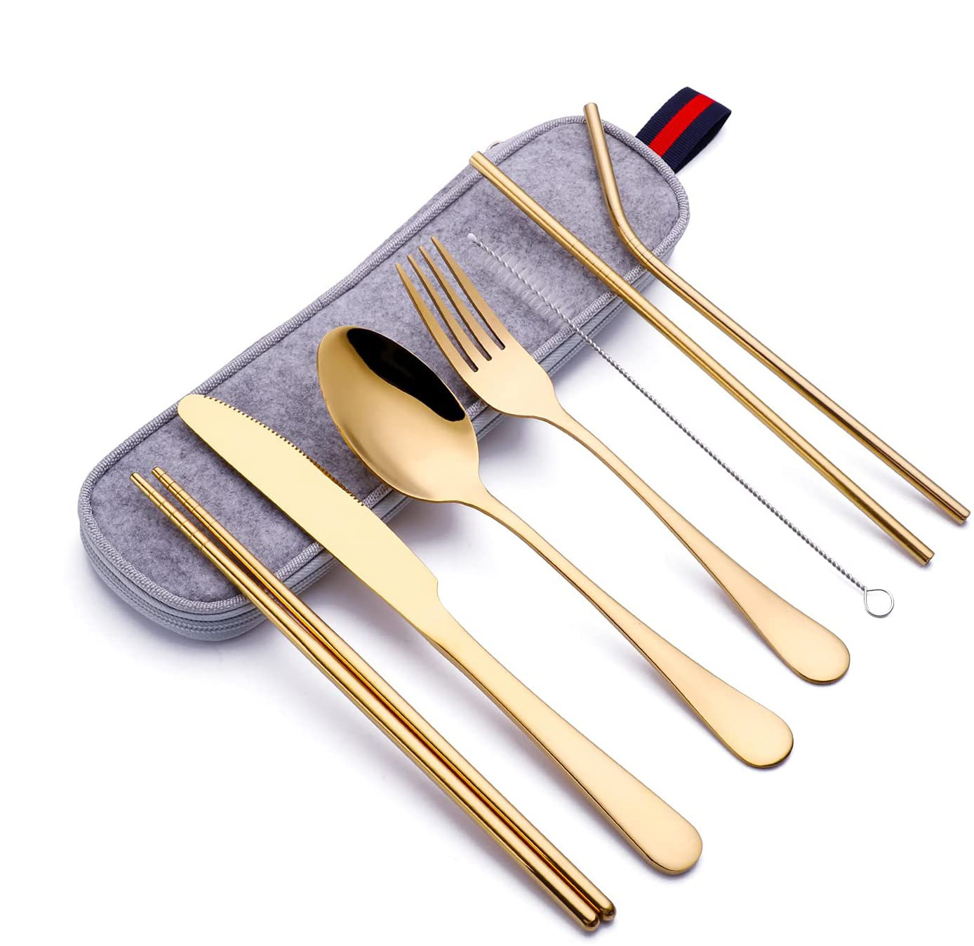 Camping Portable Reusable 8 Pieces Gold Stainless Steel Straw Knife Fork Spoon Chopsticks Travel Cutlery Set With Case