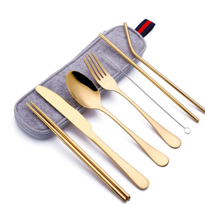 Camping Portable Reusable 8 Pieces Gold Stainless Steel Straw Knife Fork Spoon Chopsticks Travel Cutlery Set With Case