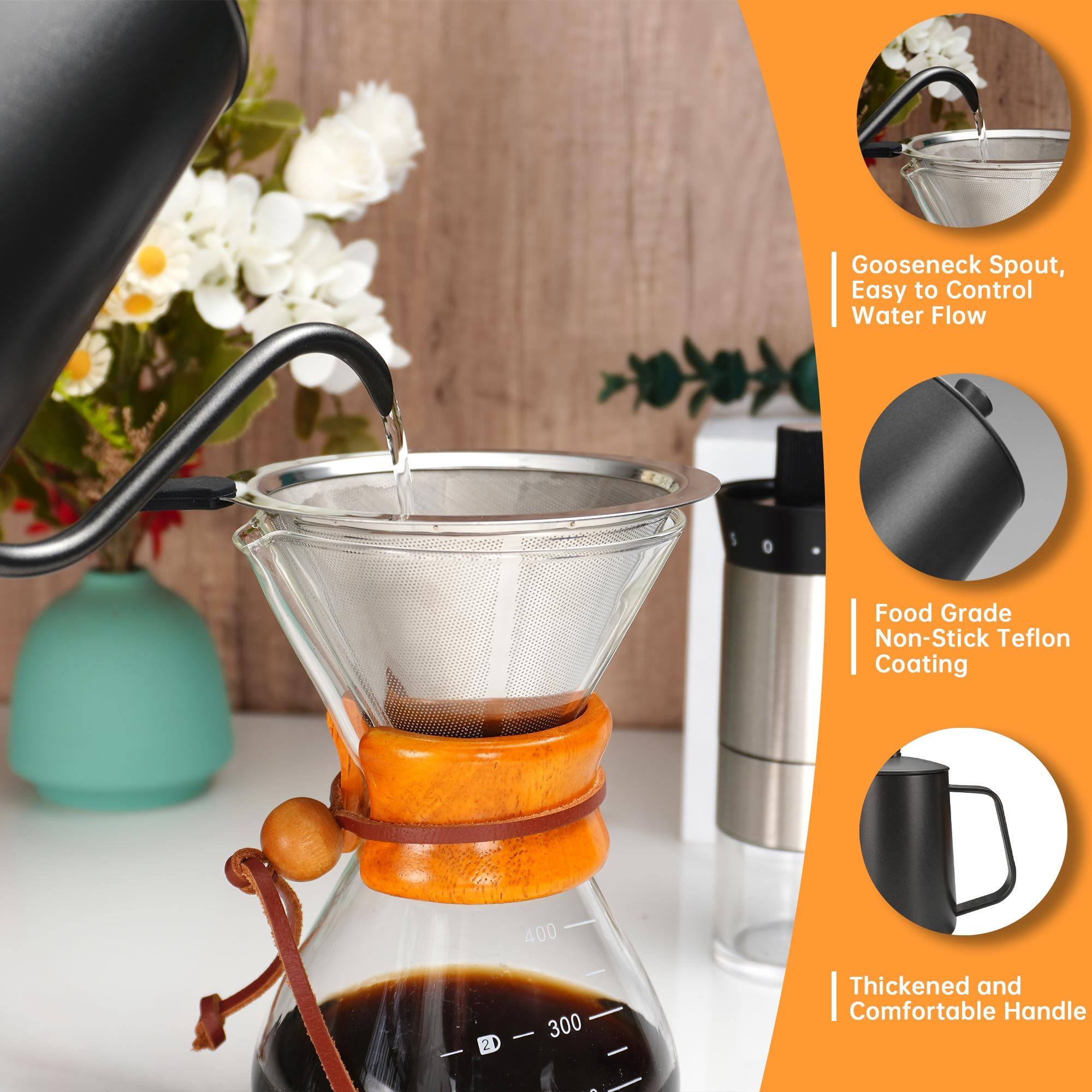 Stainless Steel Coffee Glass Pot Accessories Portable Manual Hand Travel Bag Drip kettle Pour Over Coffee Maker Set