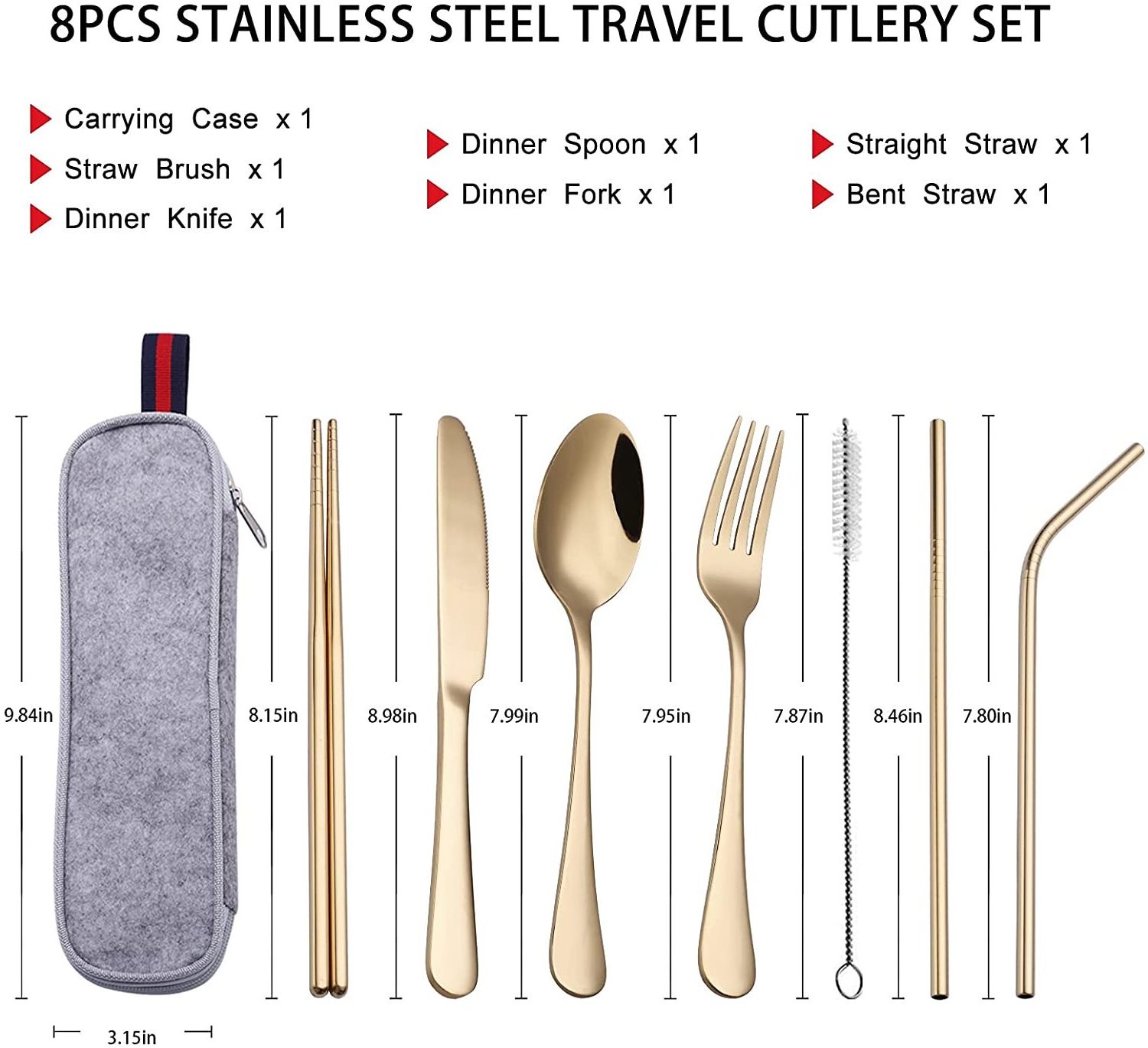 Camping Portable Reusable 8 Pieces Gold Stainless Steel Straw Knife Fork Spoon Chopsticks Travel Cutlery Set With Case