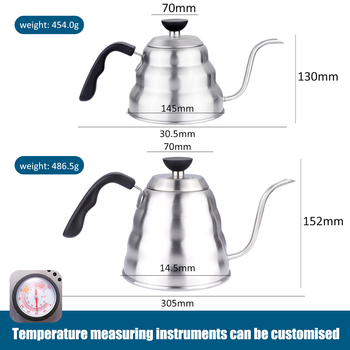 QZQ Plastic Ergonomic Handle Thermometer Pour Over Drip Pot Stainless Steel Kitchen Tea Coffee Gooseneck Kettle