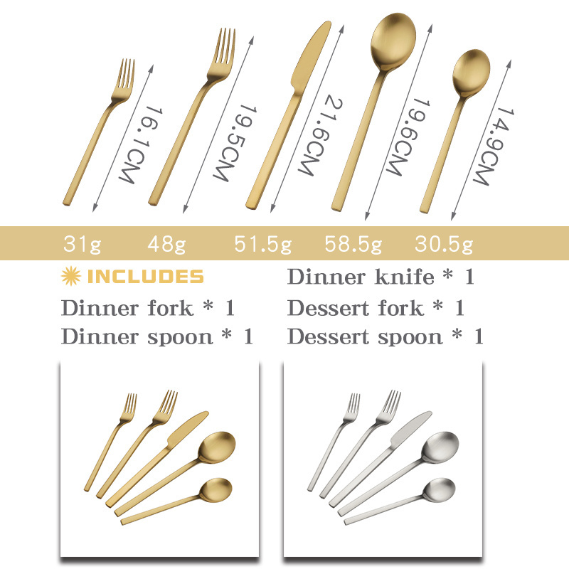 Wholesale Gold Metal Silverware Besteck Stainless Steel Cutlery Knife Dessert Spoon And Fork Wedding Flatware Set