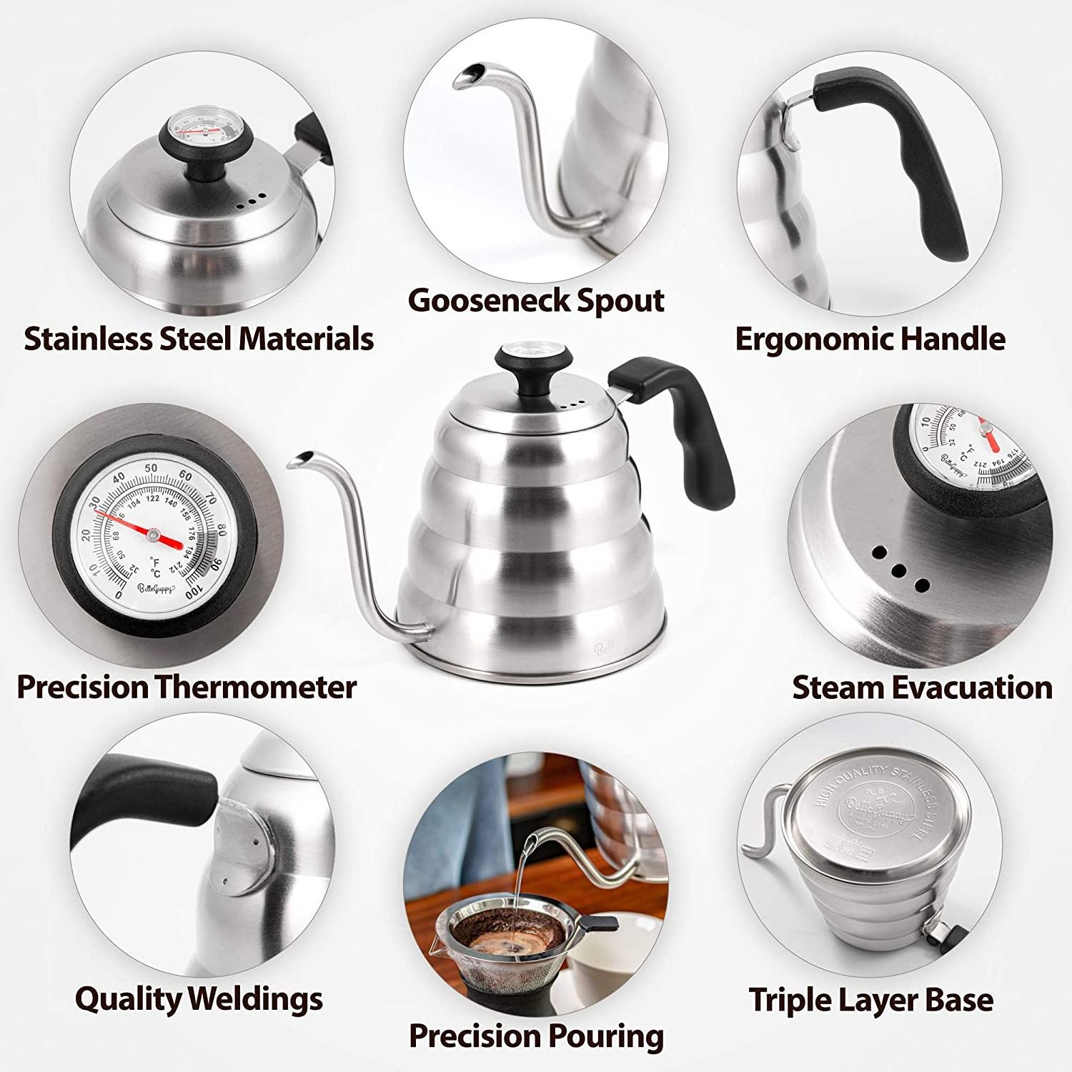 Pour Over Drip Kettle Stove Top 1.2 L Gooseneck Tea Pot Stainless Steel Black Coffee Kettle With Thermometer