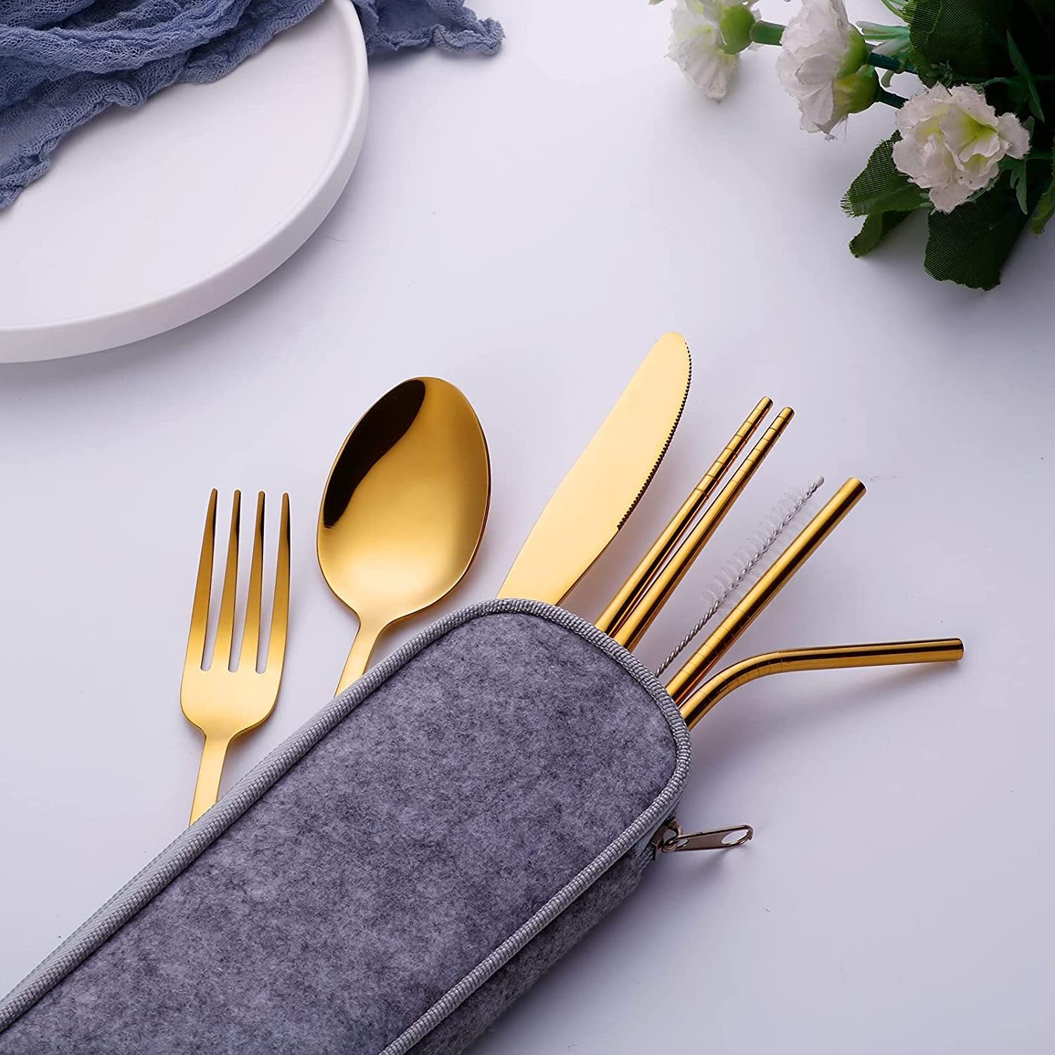 Camping Portable Reusable 8 Pieces Gold Stainless Steel Straw Knife Fork Spoon Chopsticks Travel Cutlery Set With Case