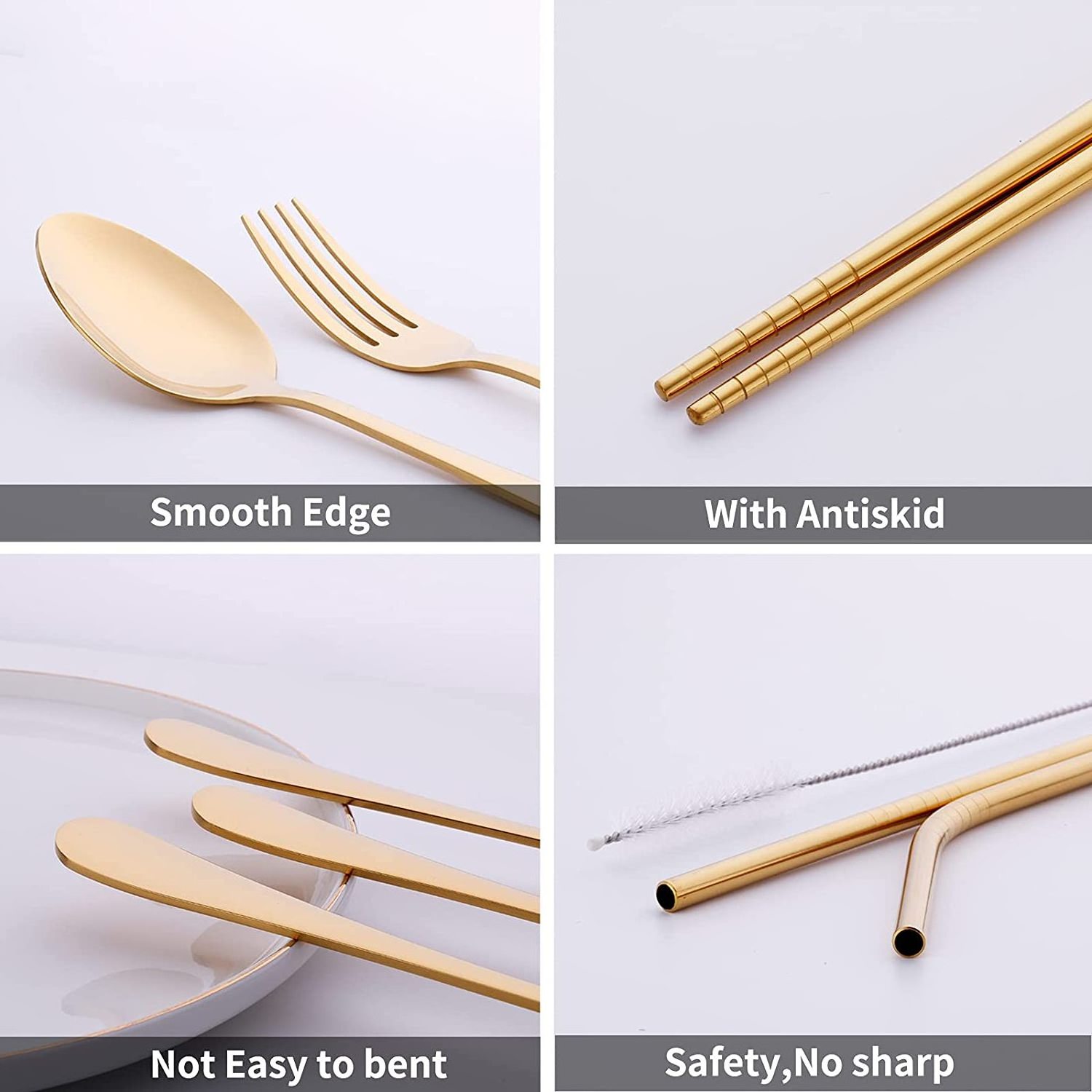 Camping Portable Reusable 8 Pieces Gold Stainless Steel Straw Knife Fork Spoon Chopsticks Travel Cutlery Set With Case