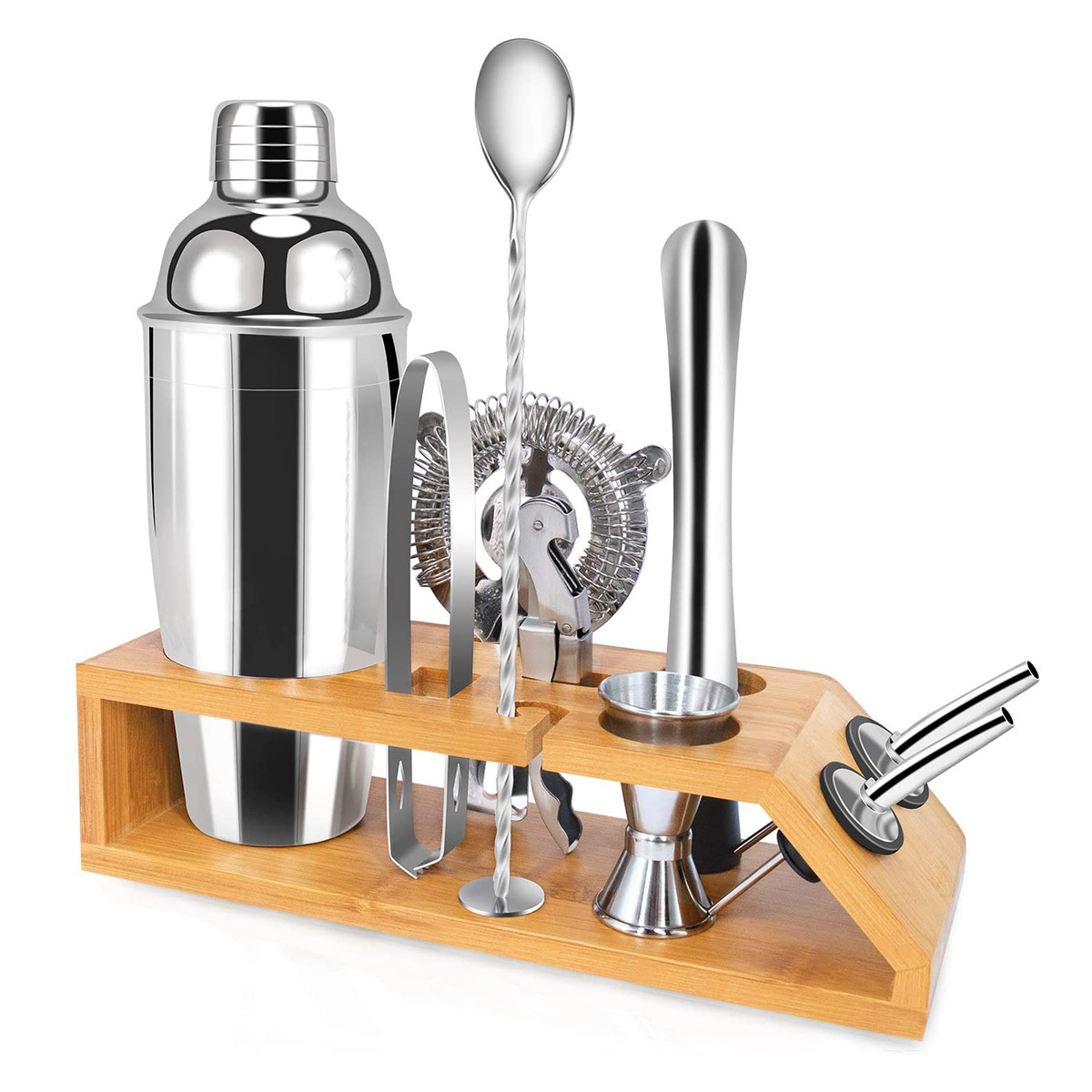 Customize Premium 550ml/750ml Bartenders Measuring Jigger Mixing Boston Stainless Steel Cocktail Shaker Kit With Bamboo Stand