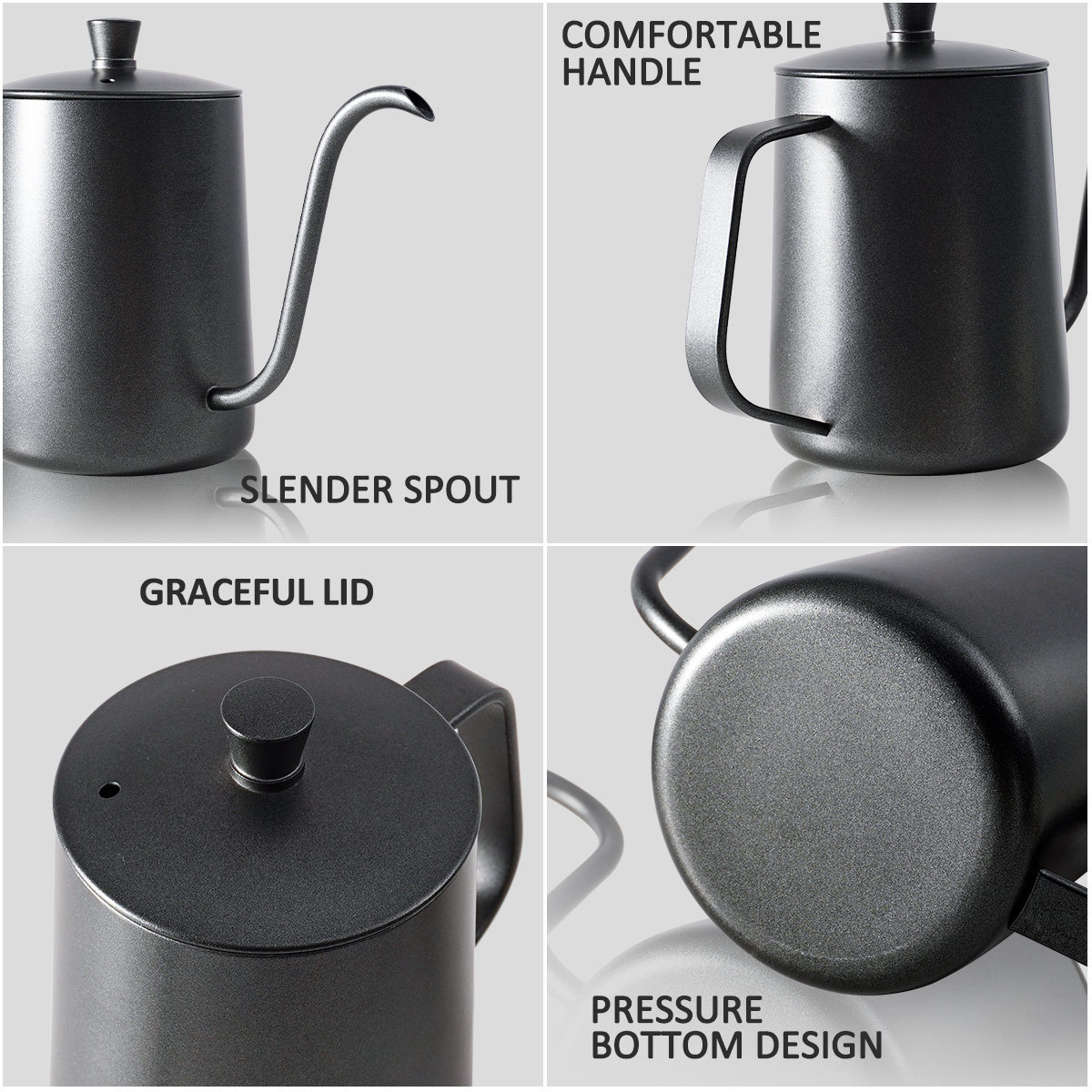 Black 600ml 350ml Stainless Steel Long Spout Handle Drip Pour Over Coffee Pot Travel Camping Gooseneck Coffee Kettle With Lid