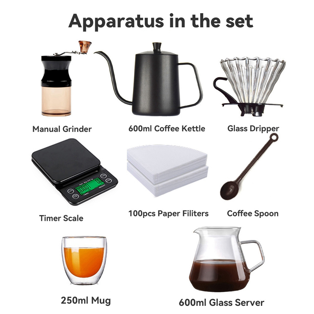 Yoshan Custom Food Grade Outdoor Barista Coffee Grinder Scale with Timer Pour Over Kettle Coffee & Tea Sets V60 Coffee Set Kit