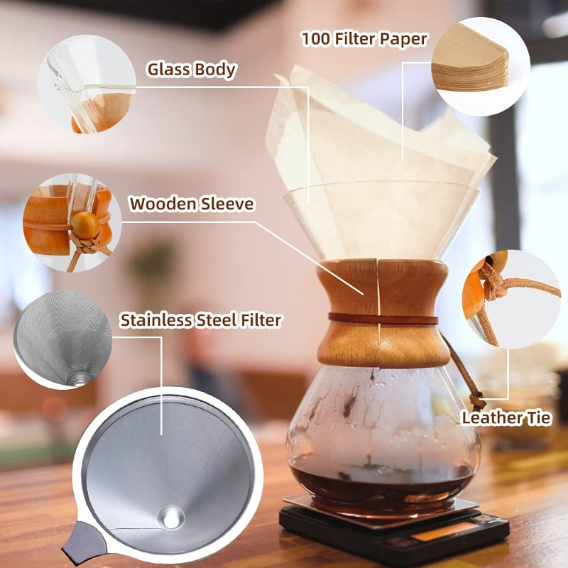 6 Taz Cafe Brew 800 Ml Chemex Glass Coffee Drip Wooden Collar High Borosilicate Chemex Glass Pour Over for Coffee Making