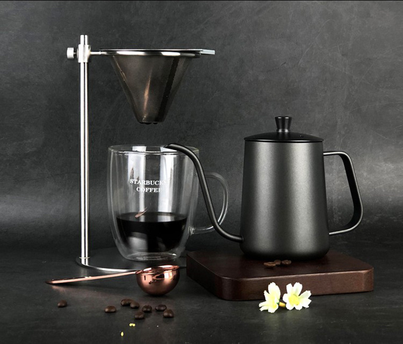 Base Anti Rust Design Kitchen Long Narrow Black Swans Neck 350ml 600ml Drip Pot Pour Over Coffee Gooseneck Kettle with Lid