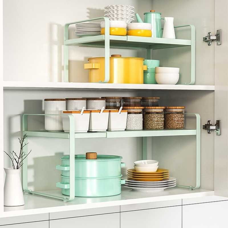 Hot kitchen telescopic layered shelving cabinets under the sink dishes condiment counter top storage