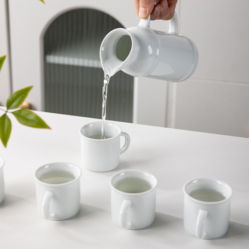 Coffee Sets White Porcelain Tea Set With 6 80ml Cups 480/300ml Ceramic Pot Minimalist Design for Tea Party and Meeting