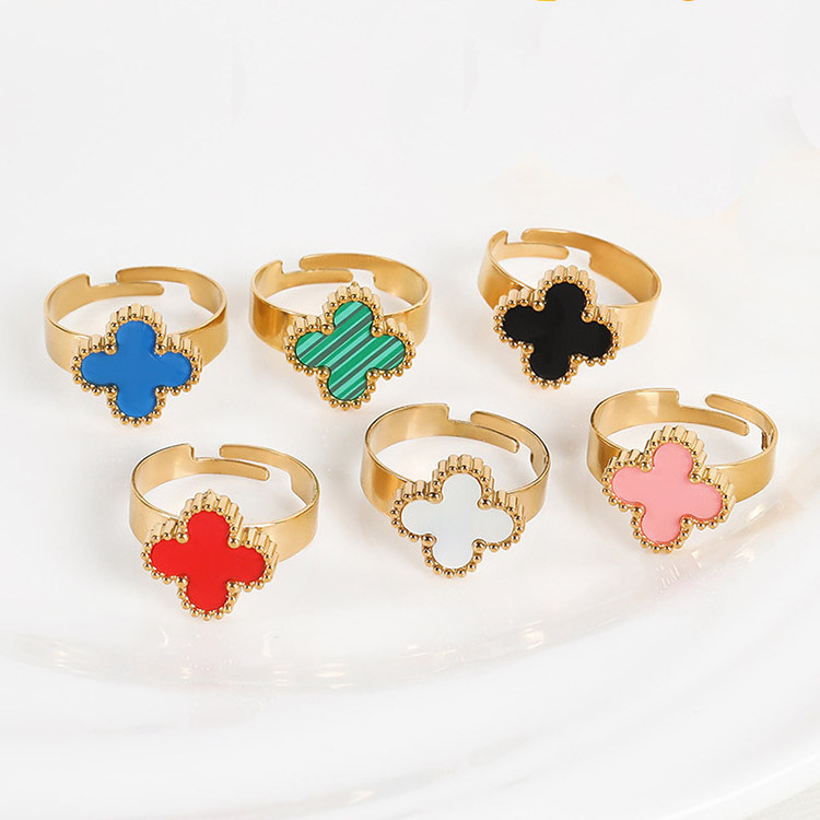 Minimalist Quality Fashion Jewelry Gold Plated Open Adjustable Clover Promise Rings Stainless Steel Lucky Four Leaf Clover Ring