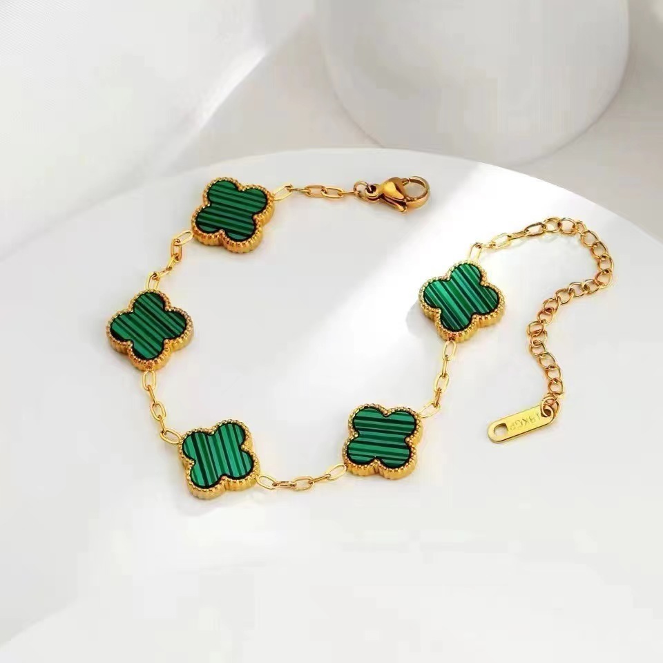 Wholesale Double Sided Shinyy 18K Gold Plated Stainless Steel Lucky Five Flower Four Leaf Clover Bracelet Jewelry for Women