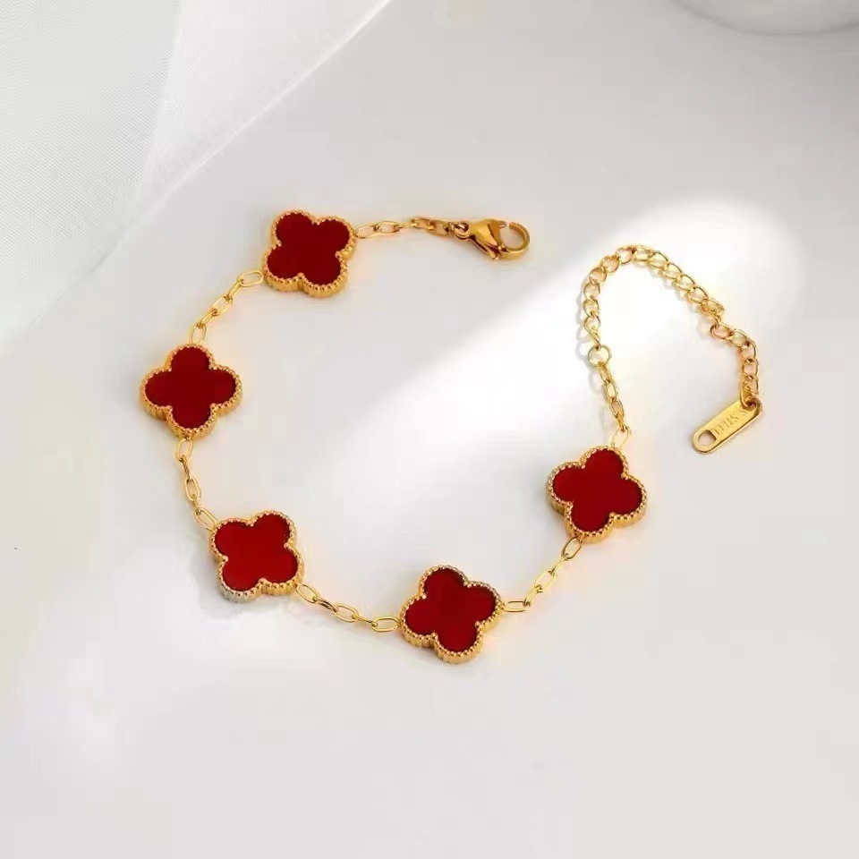 Wholesale Double Sided Shinyy 18K Gold Plated Stainless Steel Lucky Five Flower Four Leaf Clover Bracelet Jewelry for Women