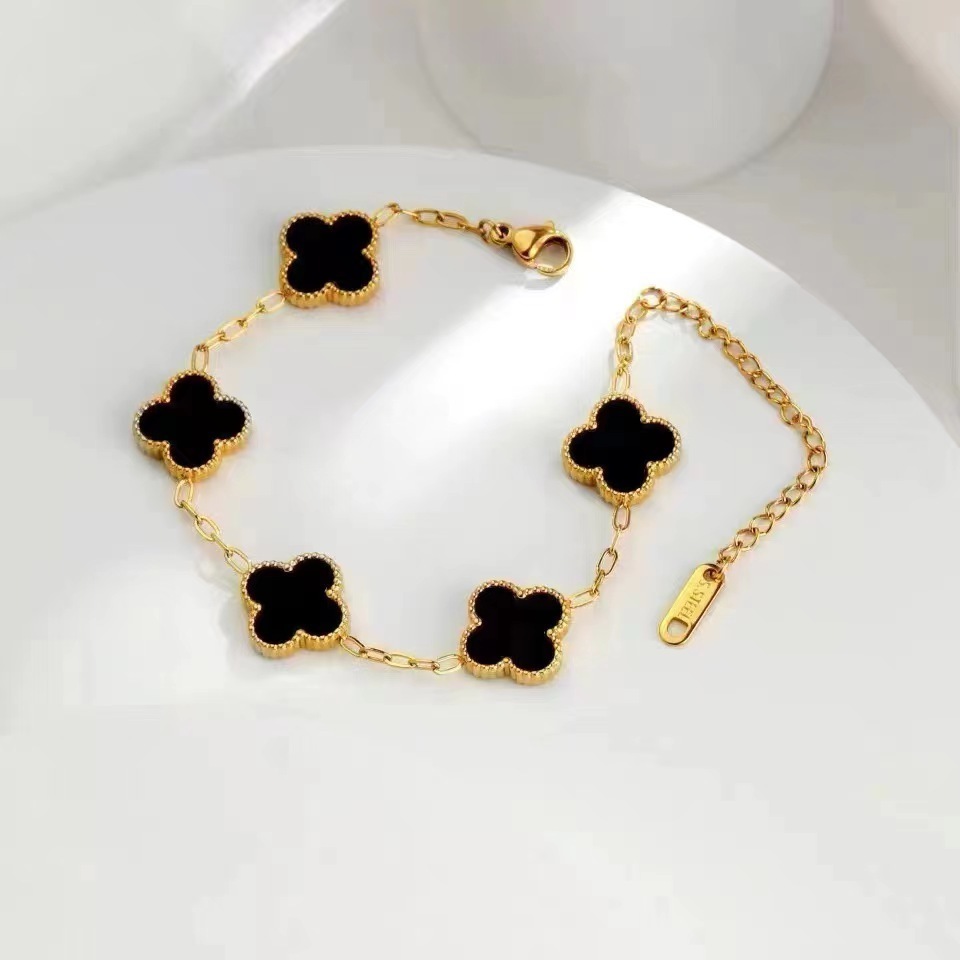 Wholesale Double Sided Shinyy 18K Gold Plated Stainless Steel Lucky Five Flower Four Leaf Clover Bracelet Jewelry for Women