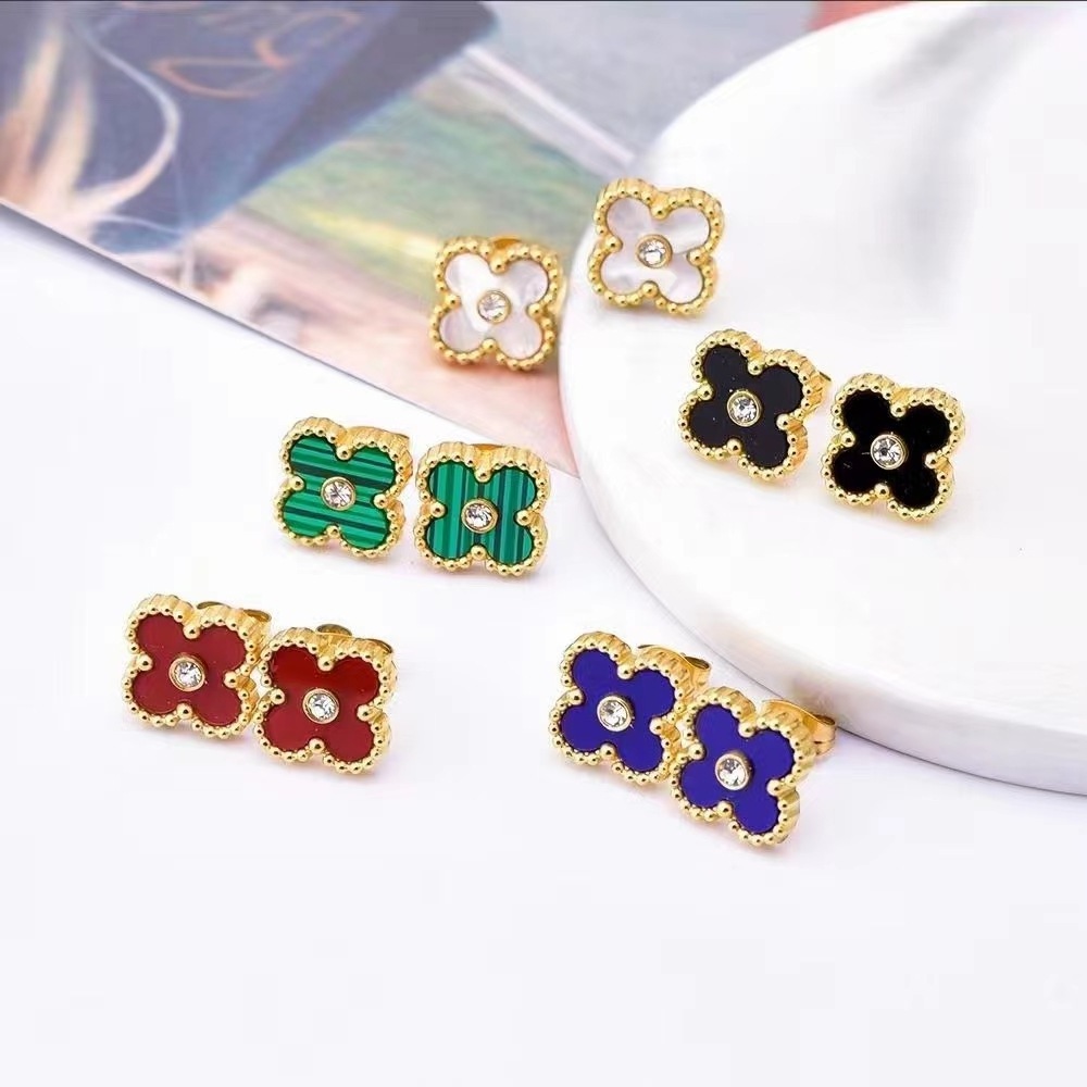 Luxury Fashion 18K Gold Plated Stainless Steel Four Leaf Clover Post Stud Earrings Hollow Needle Four Leaves Clover Earrings