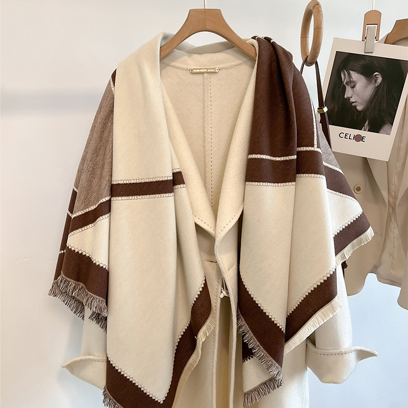 Large Square White Fashion Scarf for Women Long Imitation Cashmere Thickened Shawl Cloak with Dot Pattern for Autumn and Winter