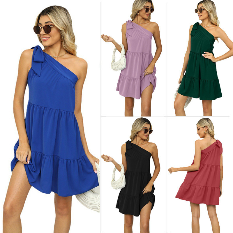 2023 summer  one shoulder short dress for women sexy tie-up skirt dresses for women street elegant RC3156