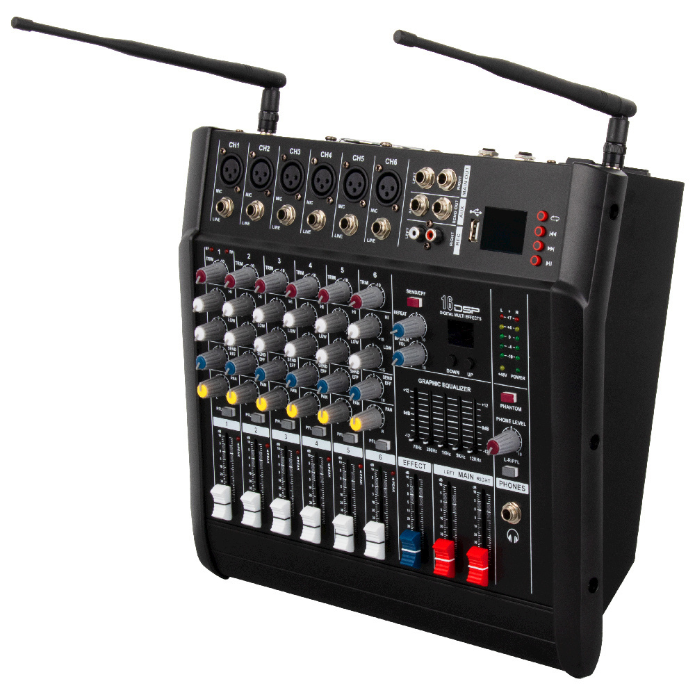 Professional build-in power amplifier 6 way sound card mixer with 2 wireless microphones 6 channel power powered audio mixer