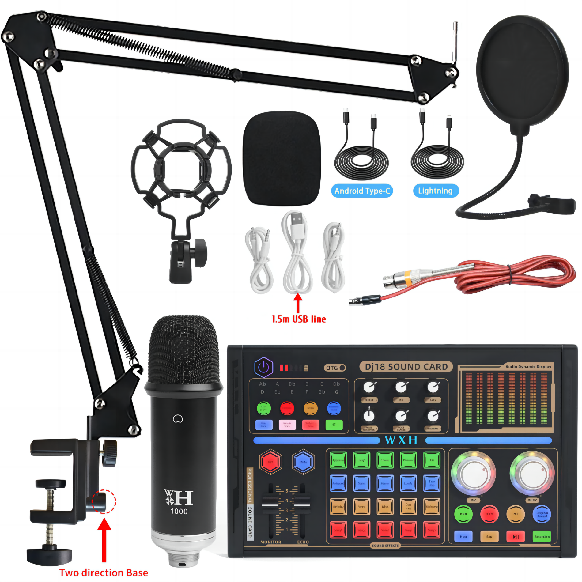 DJ18 External Sound Card & Microphone Kit Bundle, Audio Sound Card Mixer Podcast Soundboard with 48V USB Bluetooth Mixing Effect