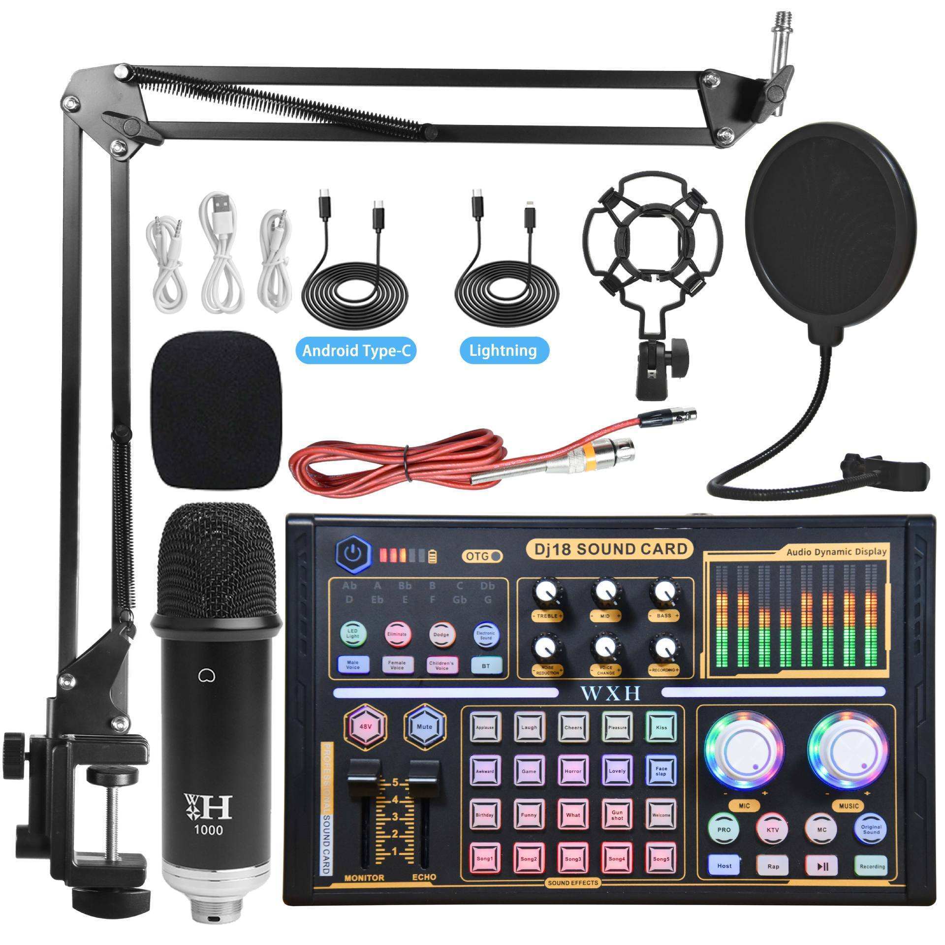 DJ18 External Sound Card & Microphone Kit Bundle, Audio Sound Card Mixer Podcast Soundboard with 48V USB Bluetooth Mixing Effect