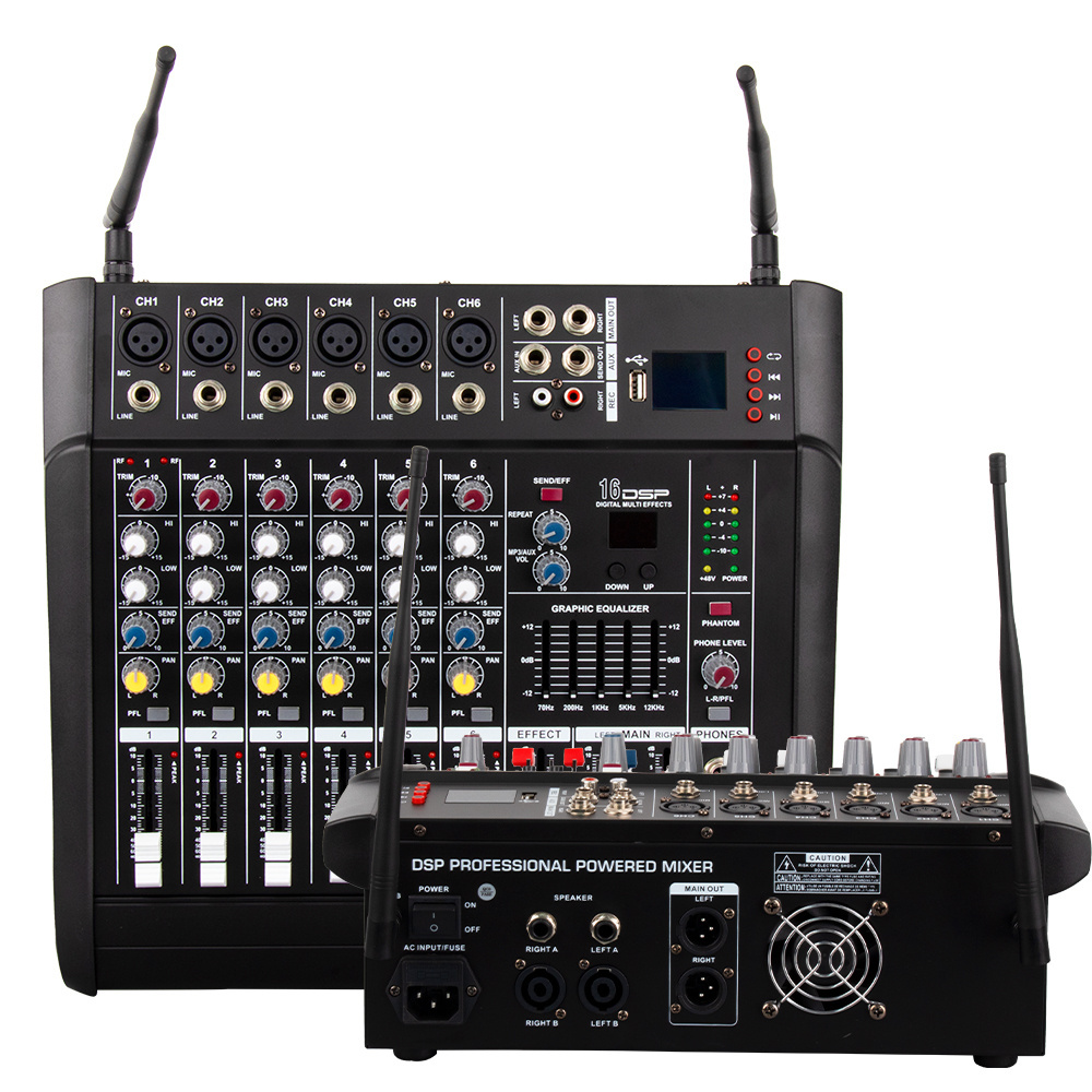 Professional build-in power amplifier 6 way sound card mixer with 2 wireless microphones 6 channel power powered audio mixer