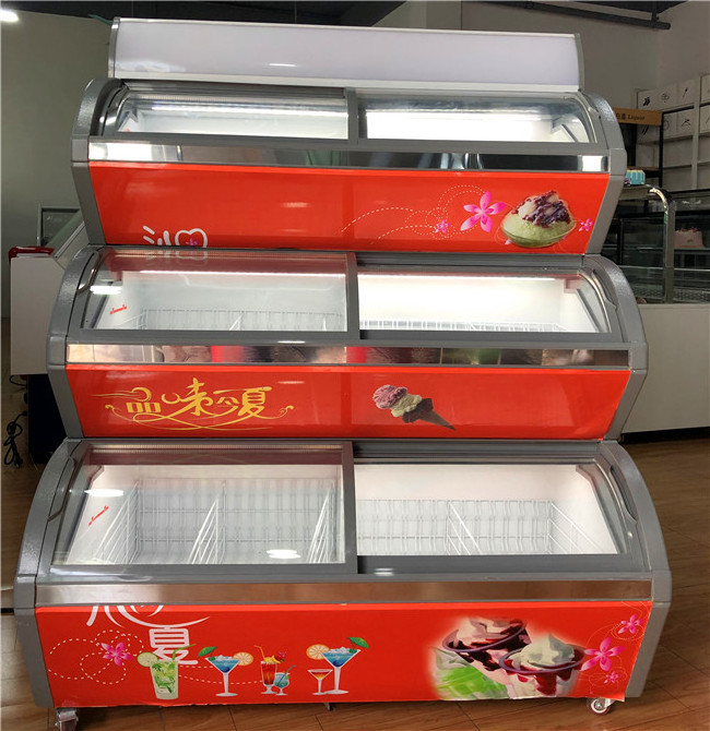 Static Cooling Curve Glass Sliding Door Three Tiers Gelato Freezer