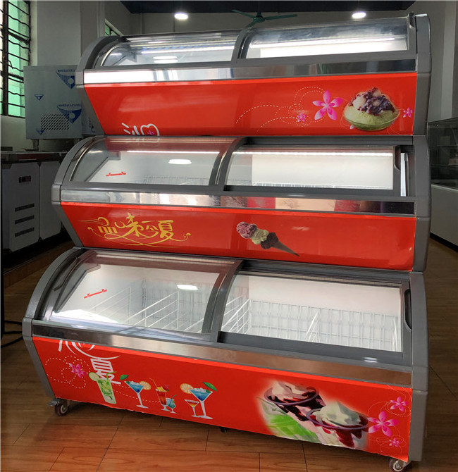 Static Cooling Curve Glass Sliding Door Three Tiers Gelato Freezer