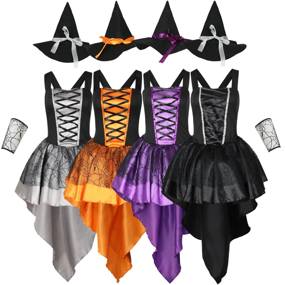 Gothic Witch Cosplay Costumes Halloween Costume Party Clothing Adult Female Costumes Sexy Tuxedo Sling Tulle Dress+Hat+Sleeves