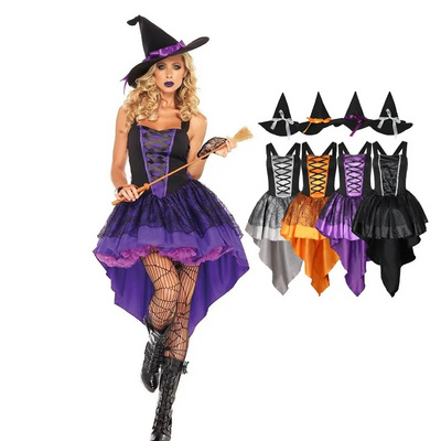 Gothic Witch Cosplay Costumes Halloween Costume Party Clothing Adult Female Costumes Sexy Tuxedo Sling Tulle Dress+Hat+Sleeves