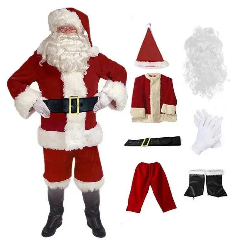 Santa Claus Costume 7PCS Christmas Complete Dress-Up Outfit For Adult Cosplay Santa Suit With Hat Beard  For Men