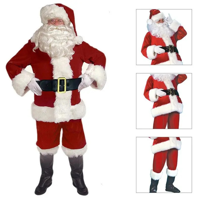 Santa Claus Costume 7PCS Christmas Complete Dress-Up Outfit For Adult Cosplay Santa Suit With Hat Beard  For Men