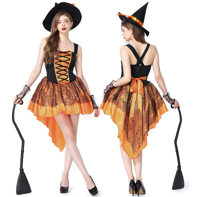 Gothic Witch Cosplay Costumes Halloween Costume Party Clothing Adult Female Costumes Sexy Tuxedo Sling Tulle Dress+Hat+Sleeves