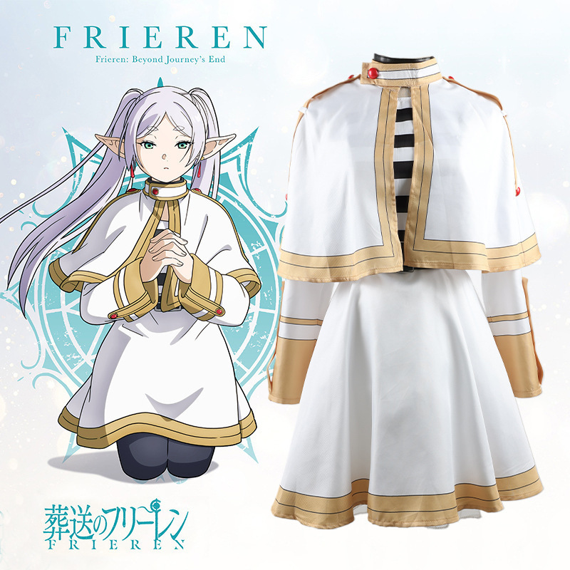 Frieren At The Funeral Frieren Anime Cosplay Costume Wig Halloween Christmas Fancy Witch White Suit Elf-ear Women de disfraz