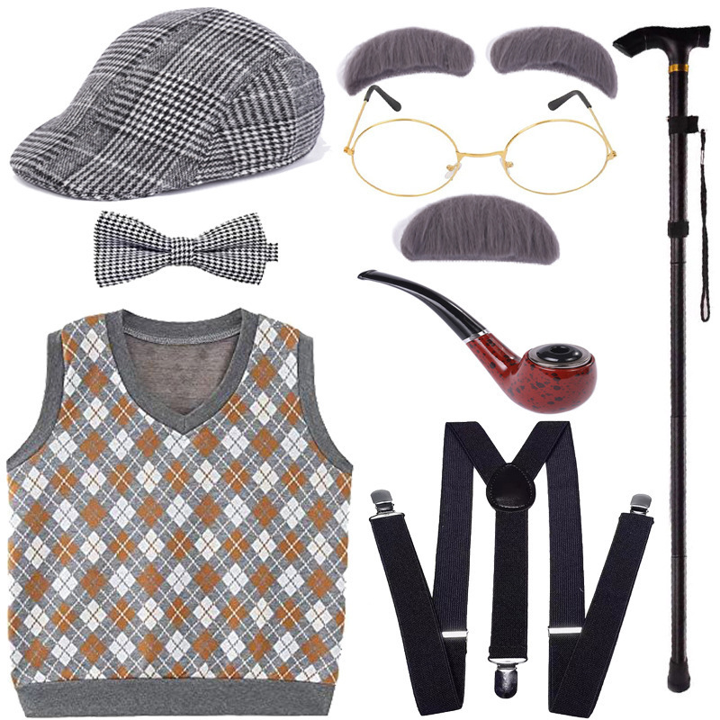 New Kids 100 Days of School Costume for Boys Halloween Old Man Costume Hat Glasses and Grandpa Vest Set for Child Light Grey 2-8