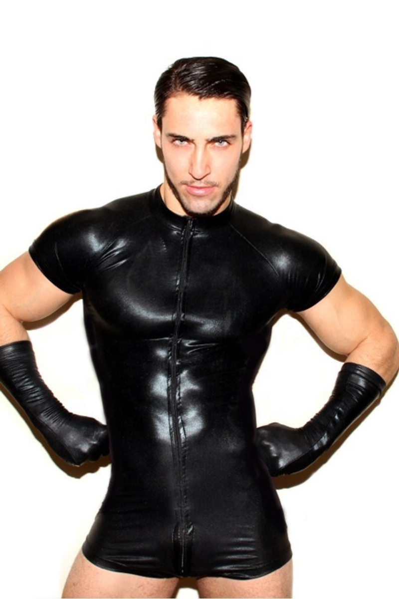 Men Wet look Catsuit Faux Leather Mesh Jumpsuits Black Tight Wetlook Bodysuit Sexy Clubwear Men Lingerie Fetish Latex Body Suit