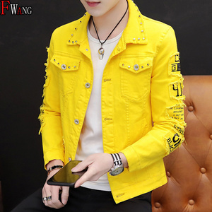 Men's plus size Denim Jackets 2022 Trendy Casual Hip Pop Rivets Funky Streetwear Ripped Denim Bomber Yellow Coats Students