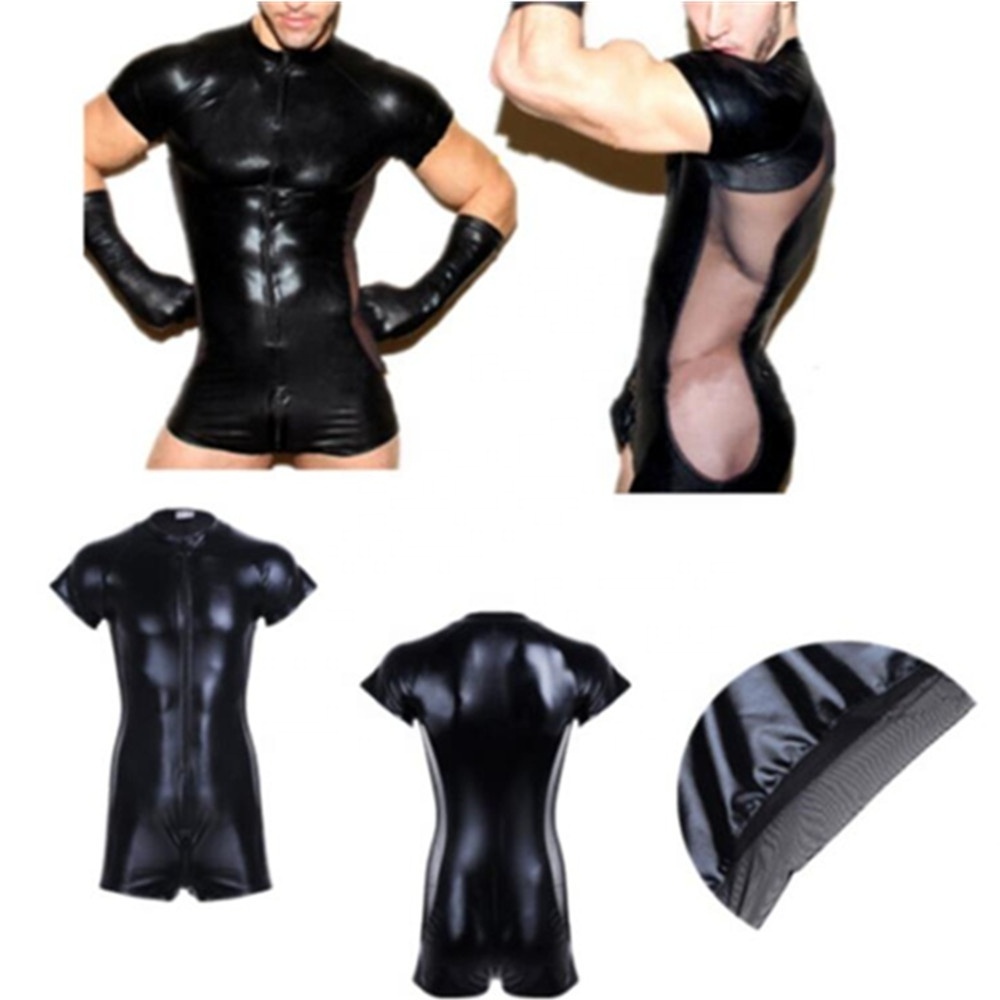 Wetlook Latex Catsuit Leather Man Jumpsuits Black Stretch PVC Mesh Bodysuits Sexy Clubwear Men Open Crotch Vinyl Body Suit