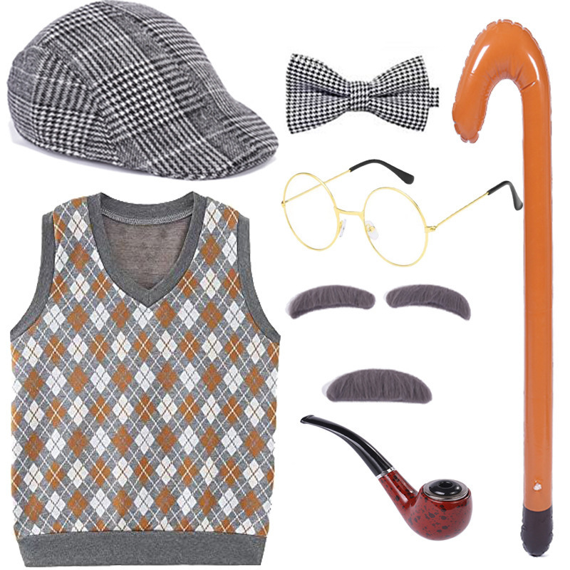 New Kids 100 Days of School Costume for Boys Halloween Old Man Costume Hat Glasses and Grandpa Vest Set for Child Light Grey 2-8