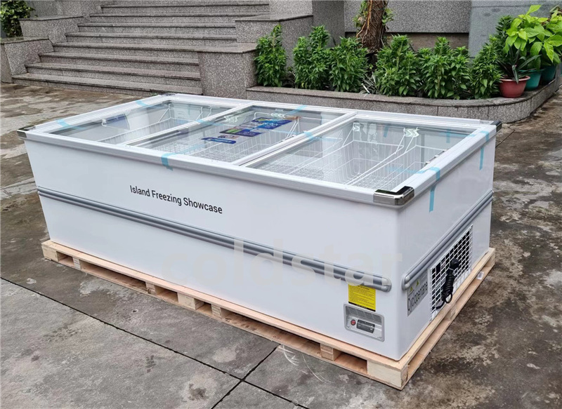 High Quality Ice Cream Display Frozen Meat Food Sliding Glass Door Island Freezer for Supermarket